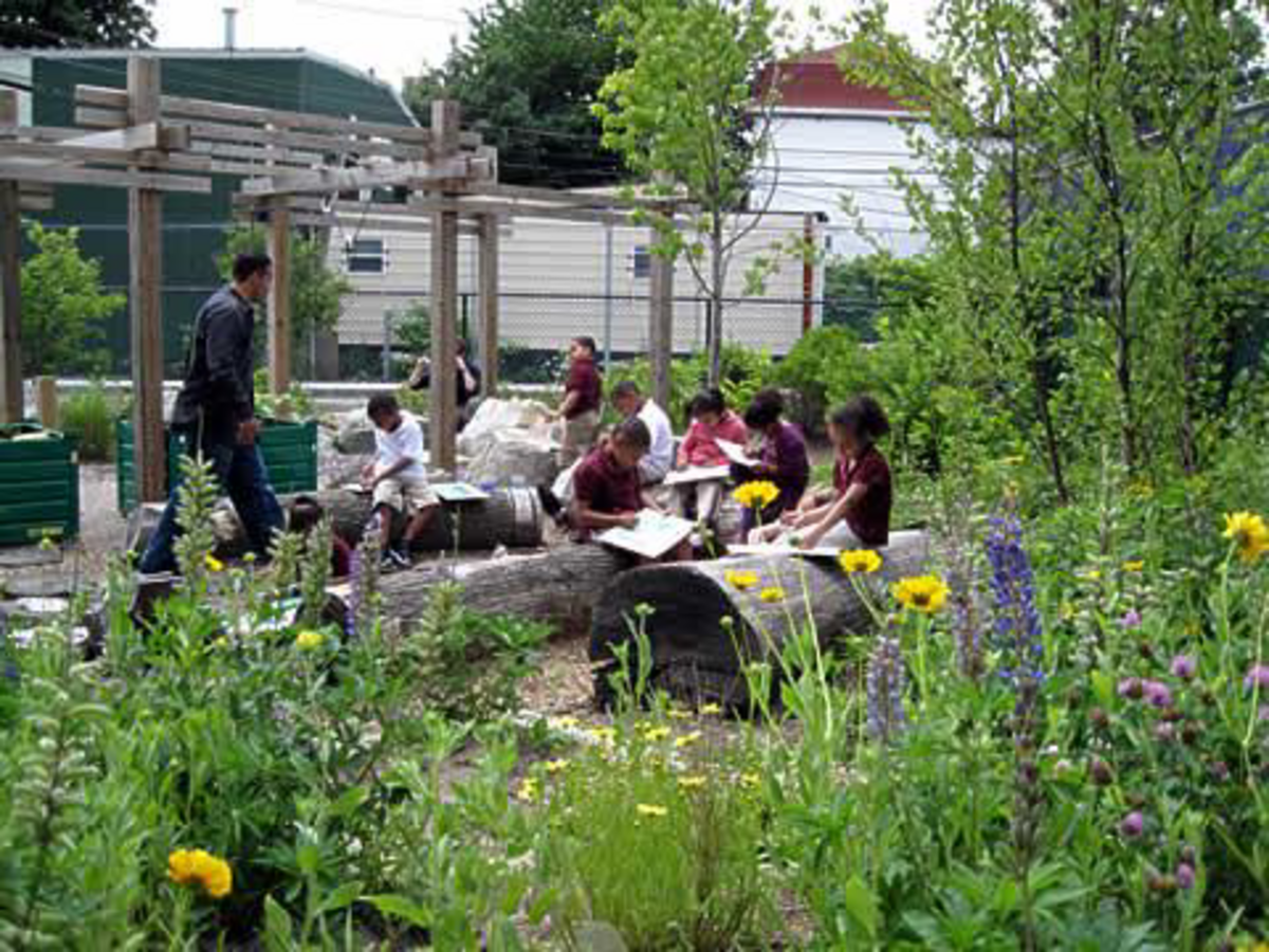 children sitting on logs in a garden, writing with an adult speaking to them
