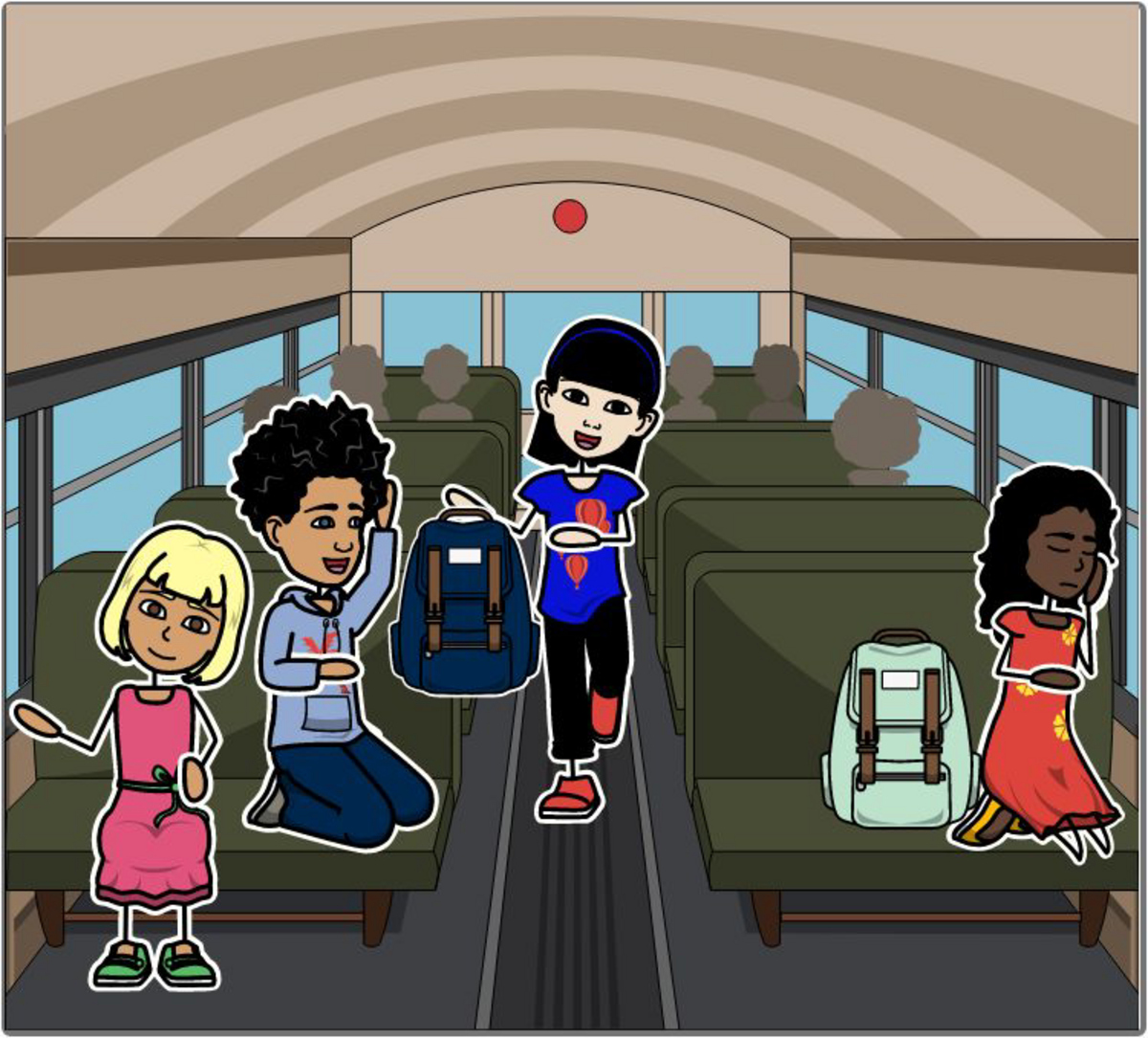 Four children on a bus - two speaking, one napping, and the other smiling