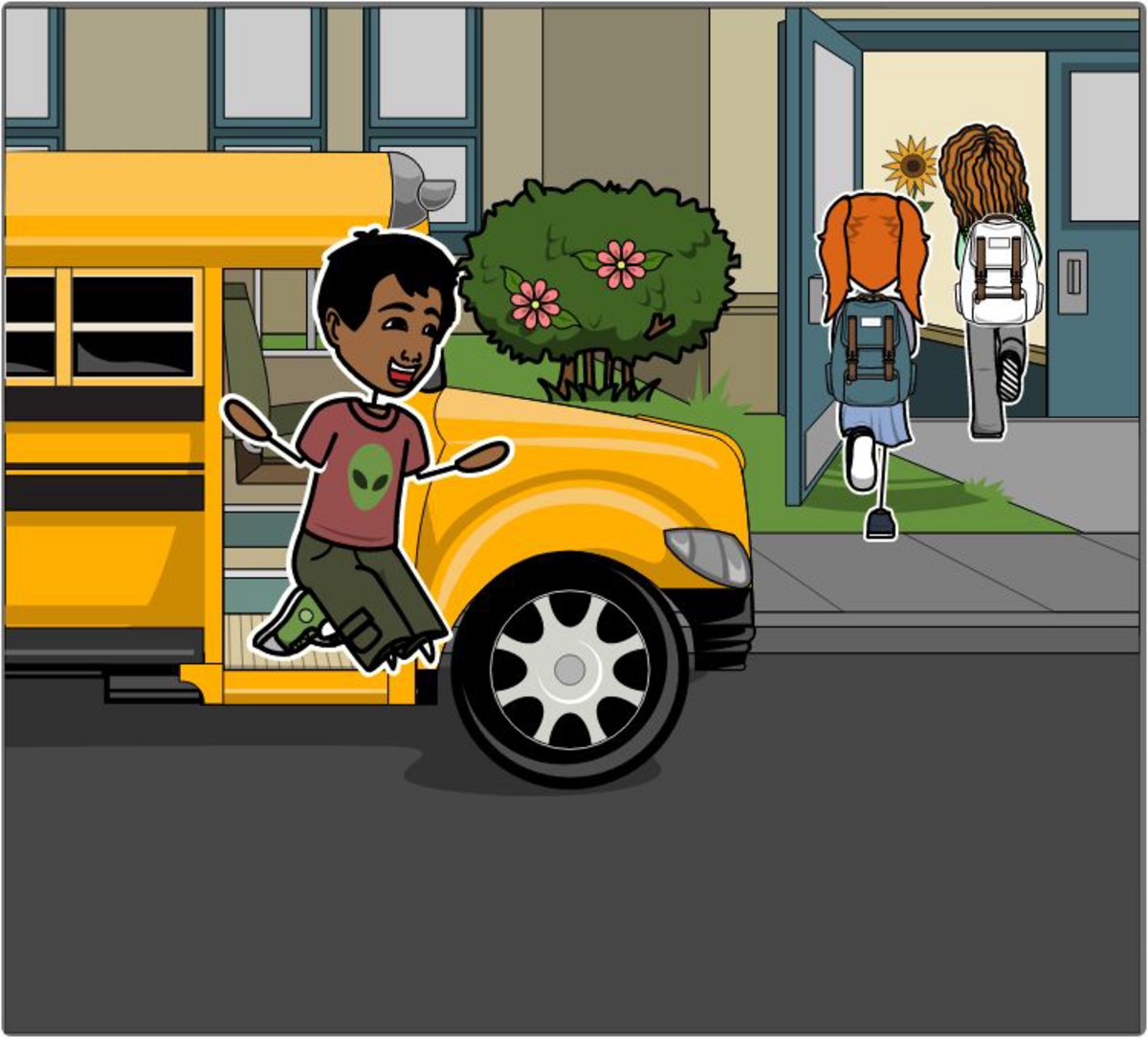 an image of a boy hopping off a bus