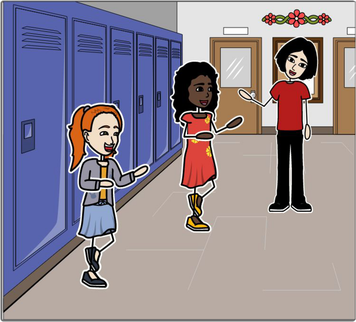 a drawing of two girls jogging and smiling in a hallway