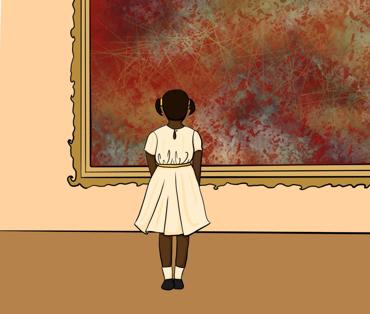 A painting of a young girl in a dress facing a painting