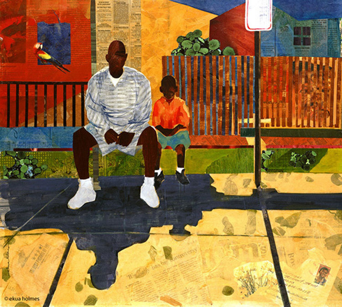 Ekua Holmes' "A Matter of Time" - a painting of a man and his son sitting on a bench