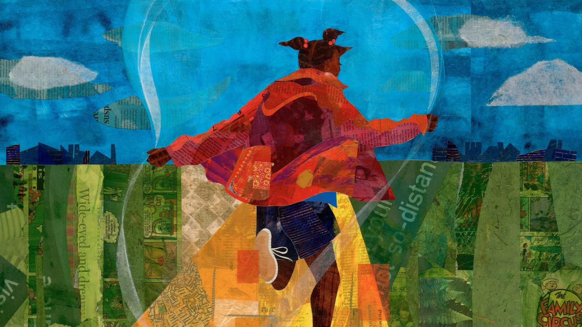 The painting "Golden," by Ekua Holmes. The painting is of a girl running