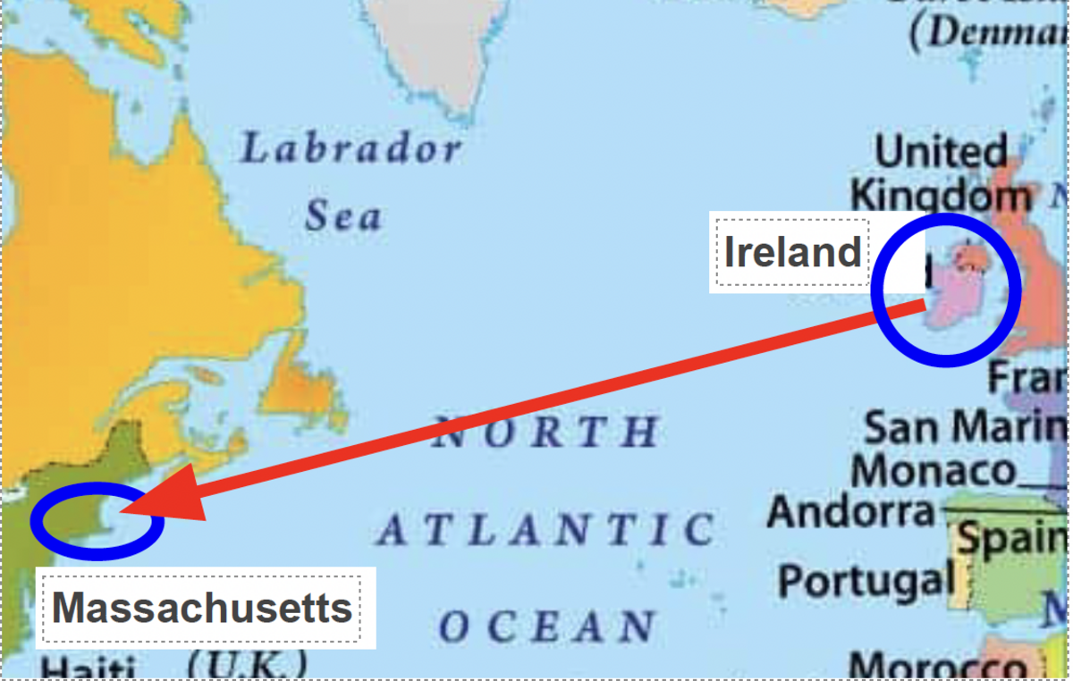 A map with a circle around Ireland and an arrow from Ireland to Massachusetts, which is also circled