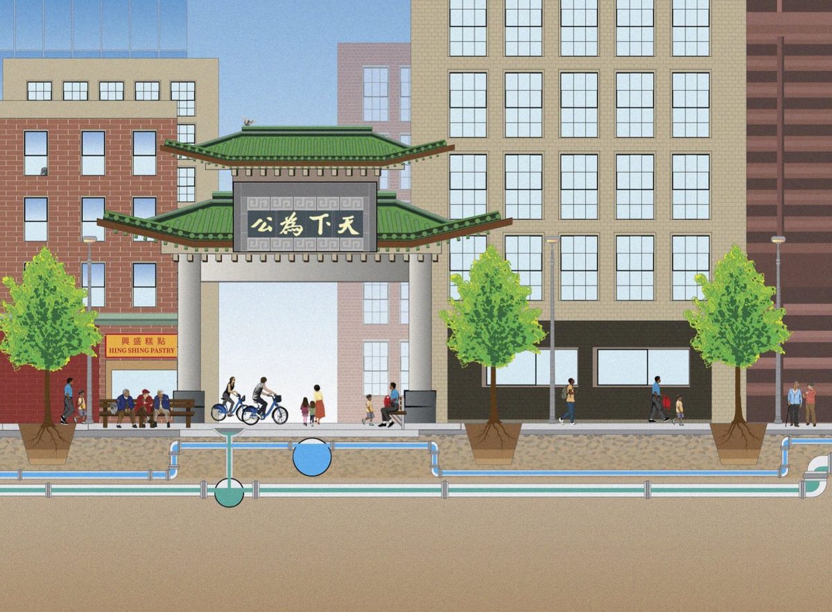 a drawing of a gate with Mandarin letters on the top of the sign