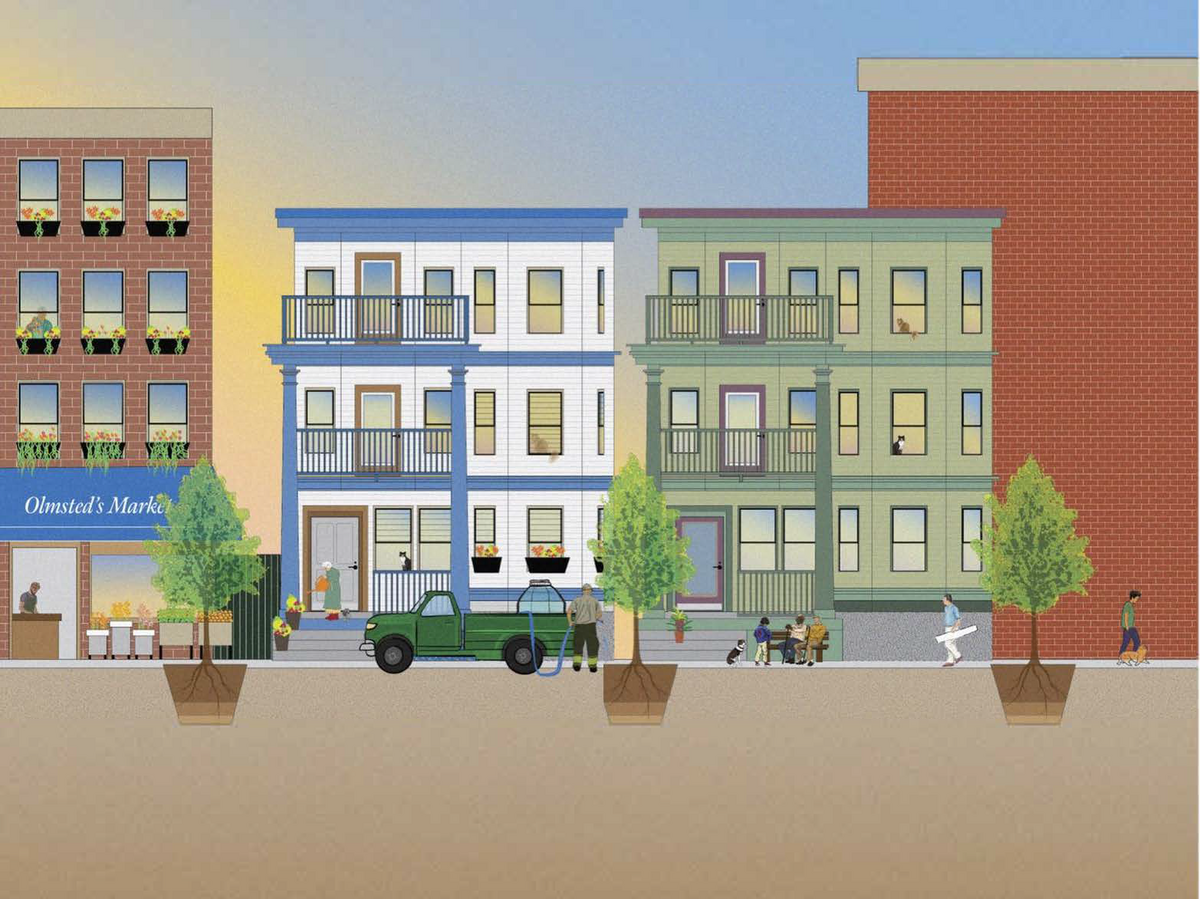 a drawing of several buildings, one of which has a sign outside that reads "Olmsted's Market" and another has a green pickup truck in front