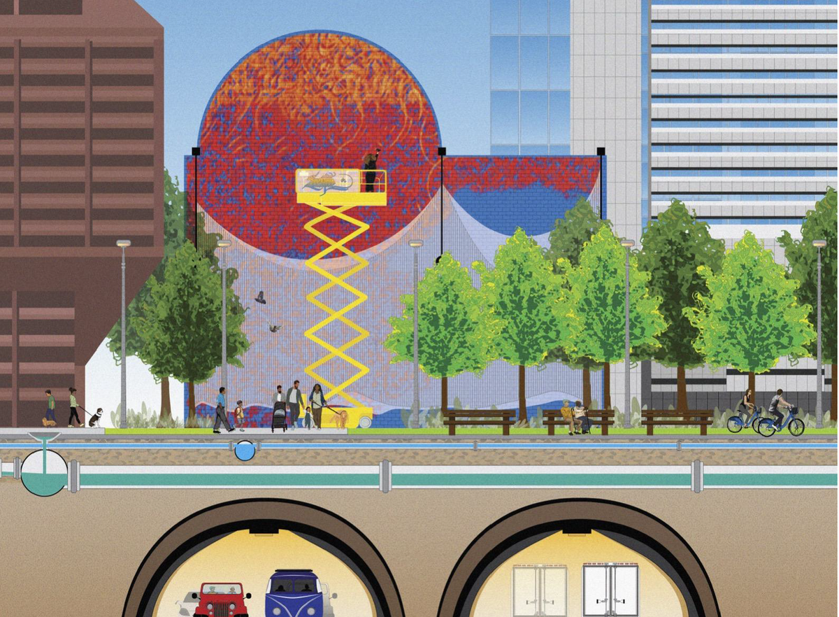 a drawing of cars going through tunnels in both directions with murals and people walking around above ground