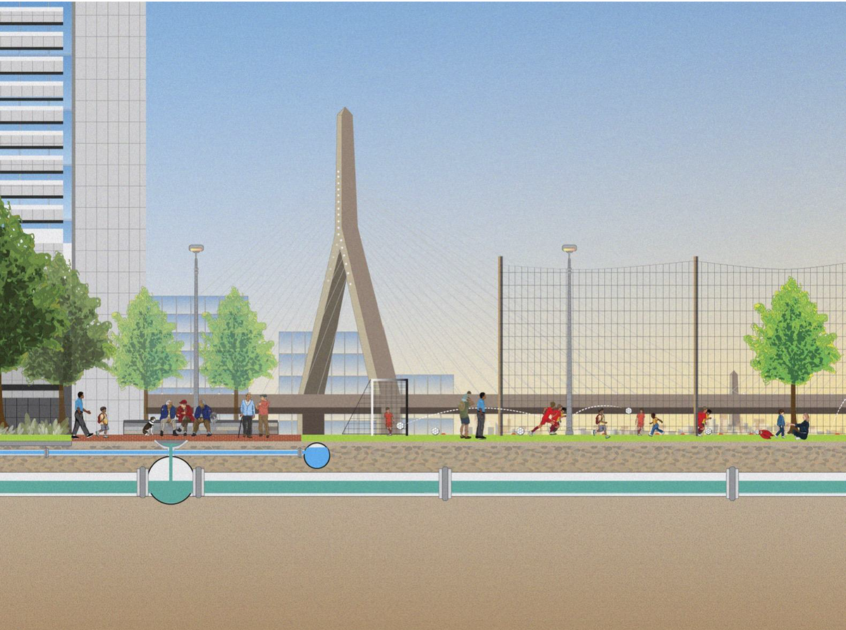 a drawing of Langone Park with the Zakim Bridge in the background