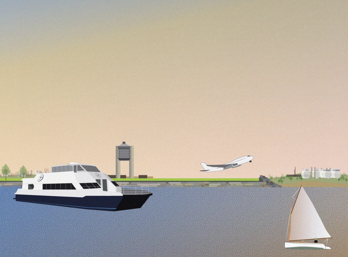 a drawing of a large MBTA boat on the water with a plane taking flight in the background