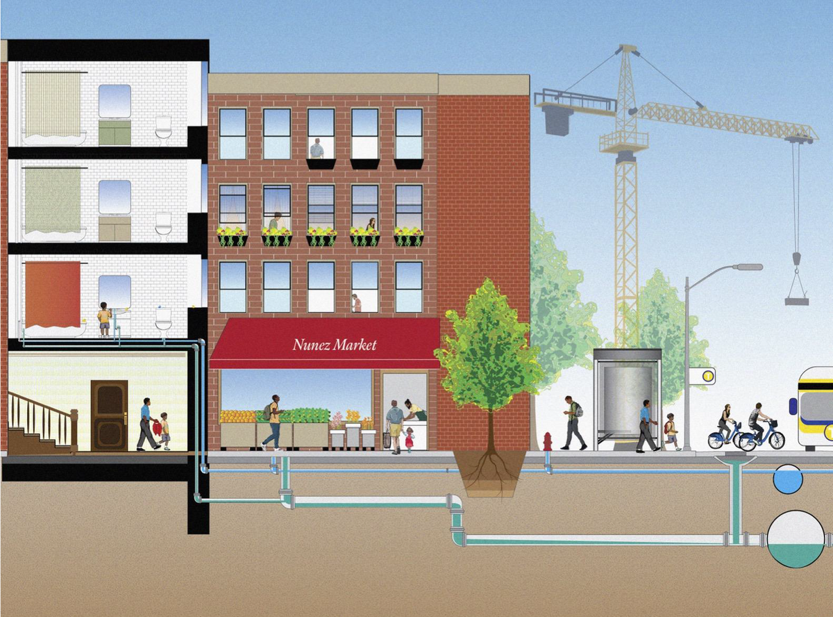 A drawing of a see-through building where a boy and his uncle are walking out. Next to the building is a brick building with a sign that reads "Nunez Market" outside