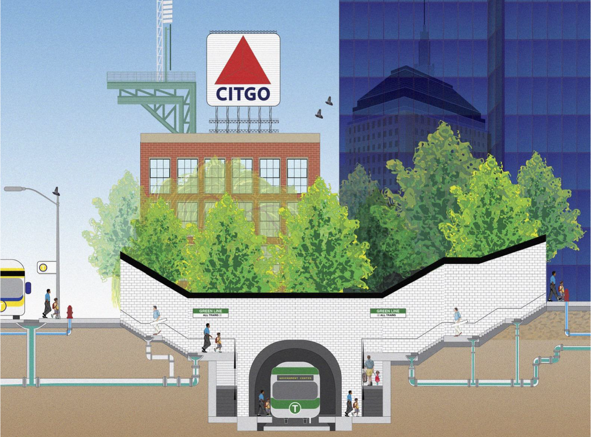 A drawing of the Green Line MBTA at Kenmore Square with a large Citgo sign in the background