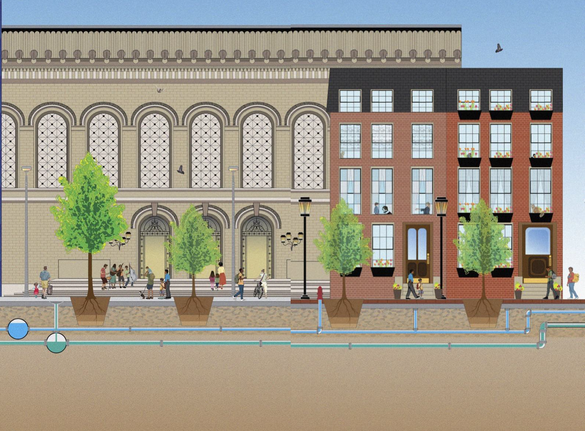 A drawing of the Boston Public Library with a brick building next door and musicians outside 