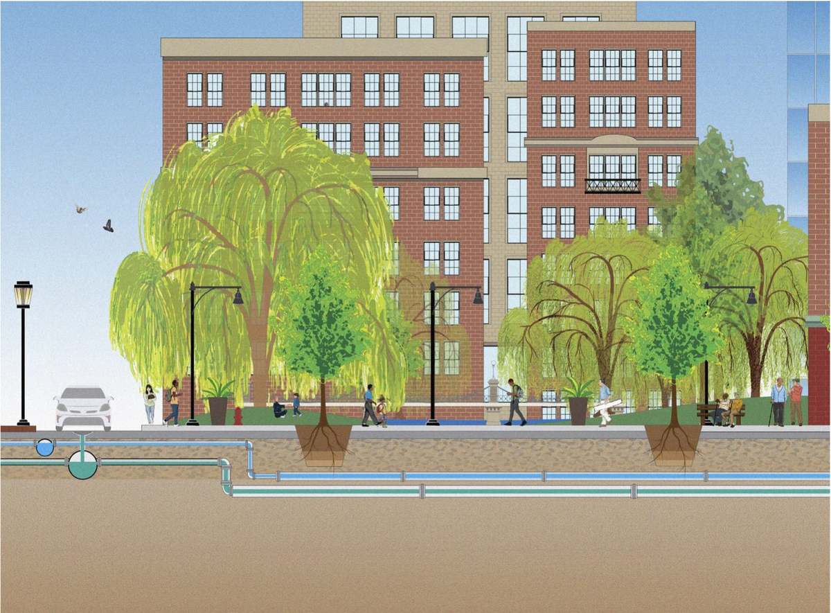 A drawing of pipes underground with trees above ground and a brick building in the background
