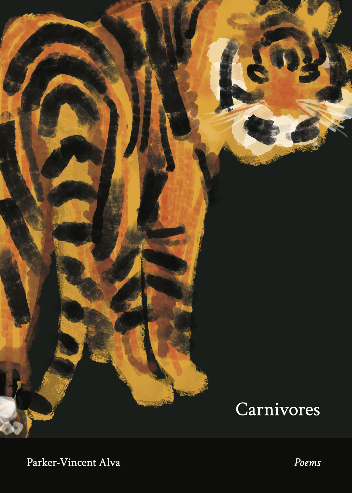 The cover art for Carnivores, a chapbook of poetry by Parker-Vincent Alva. It features a watercolor tiger on a black background, with the title in small white text.