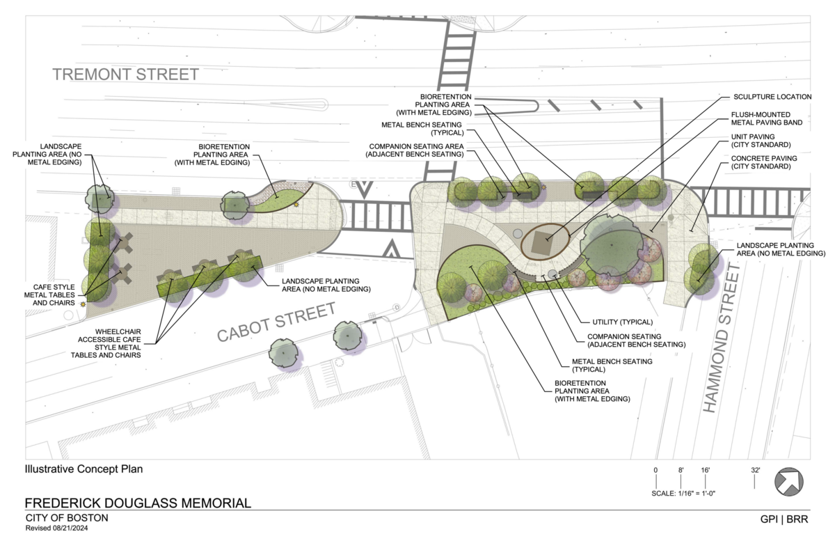 An architectural drawing of the plan for the Frederick Douglass Plaza. Two paved areas are lined with trees and situated at the intersection of Cabot Street and Tremont Street. The plan includes landscaping, bioretention, and metal bench seating and cafe-style metal tables and chairs (both typical and wheelchair accessible)
