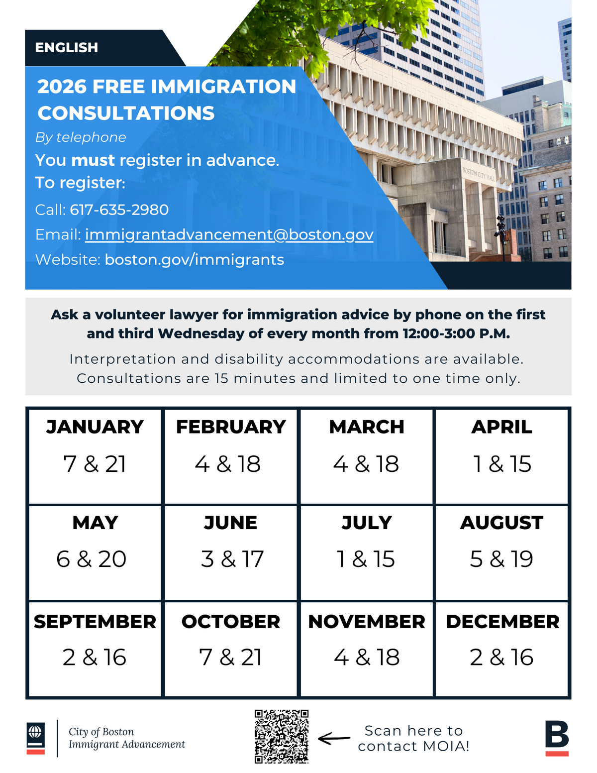 Flyer with dates for 2026 Free Immigration Consultations