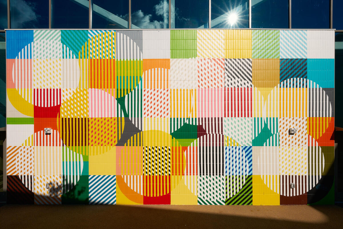 A colorful, abstract mural