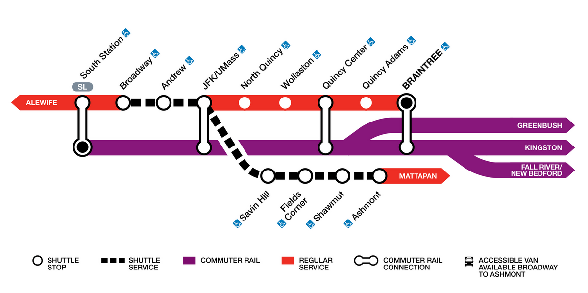 Diversion extents between Broadway and Ashmont.
