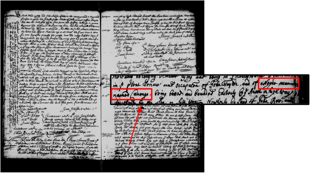 Black-and-white scan of a two-page spread from a 17th-century handwritten deed record, filled with cursive text, marginal notes, dates, and multiple signatures. This page comes from Middlesex County probate book 10, page 217. 