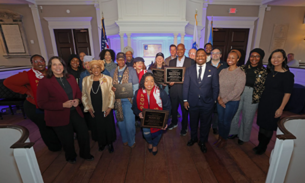 A photograph of City, State and Community leaders commemorating the 250th anniversary of Henry Knox