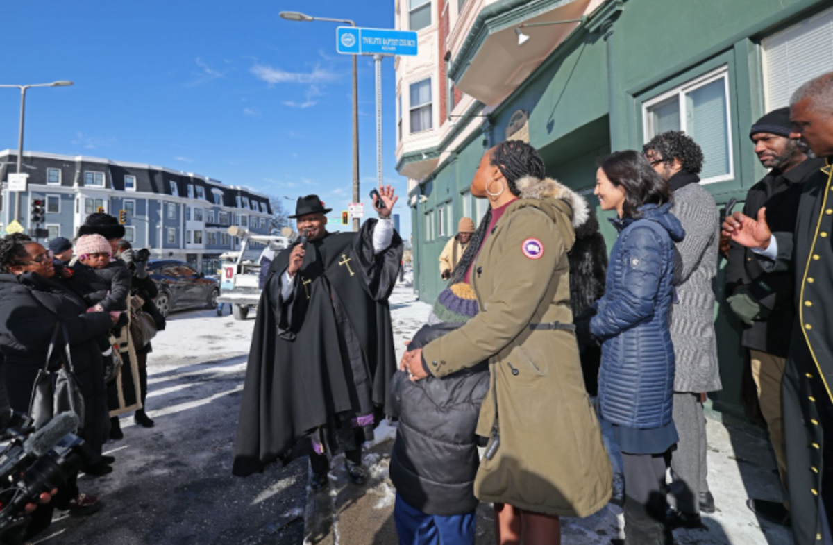 Photograph of Mayor Michelle Wu and Community Leaders attending the Twelfth Baptist Square Honorary Street Sign Unveiling & Marker Event