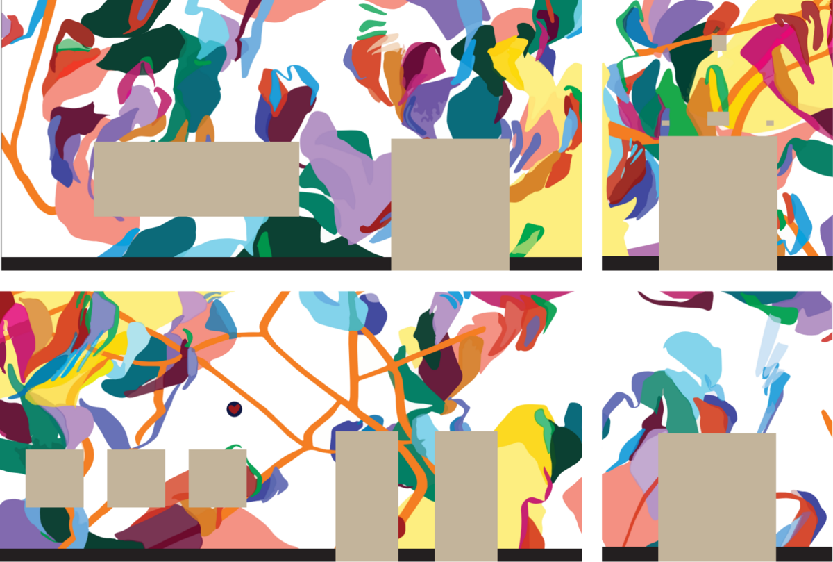 Four panels showing plans for a colorful abstract mural