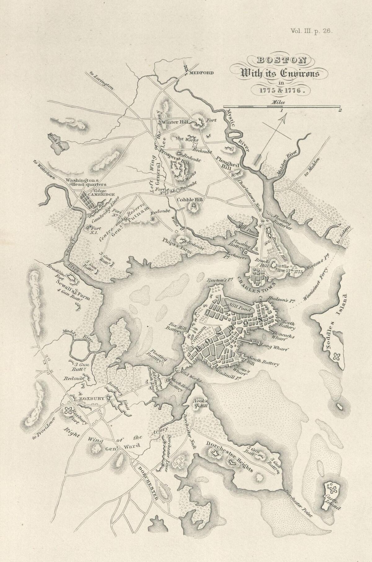 A map of Boston showing the fortifications of the British and Colonial forces during the Siege of Boston in 1775-1776.