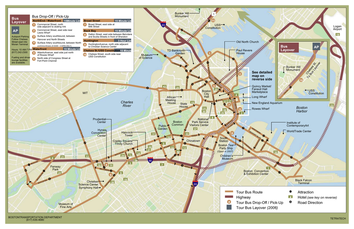 Tour bus route map with notations and legend designating pick-up/drop-off areas.