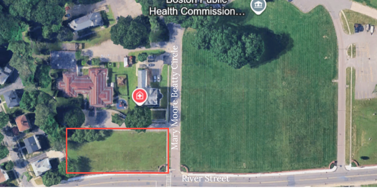 A satellite photo of River Street with the area of the potential farm highlighted (255 River Street, in front of the white building)