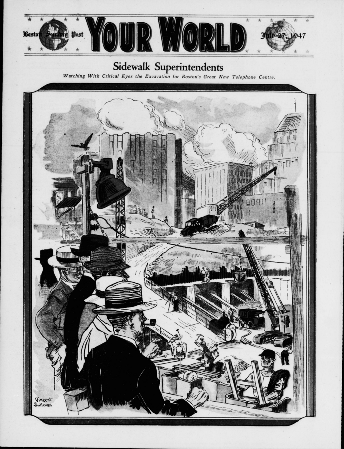 An 1947 illustration of men observing construction.