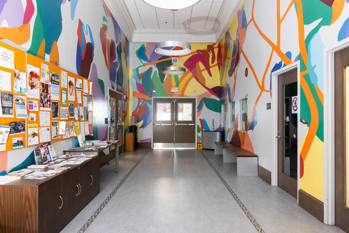A mural of colorful abstract shapes