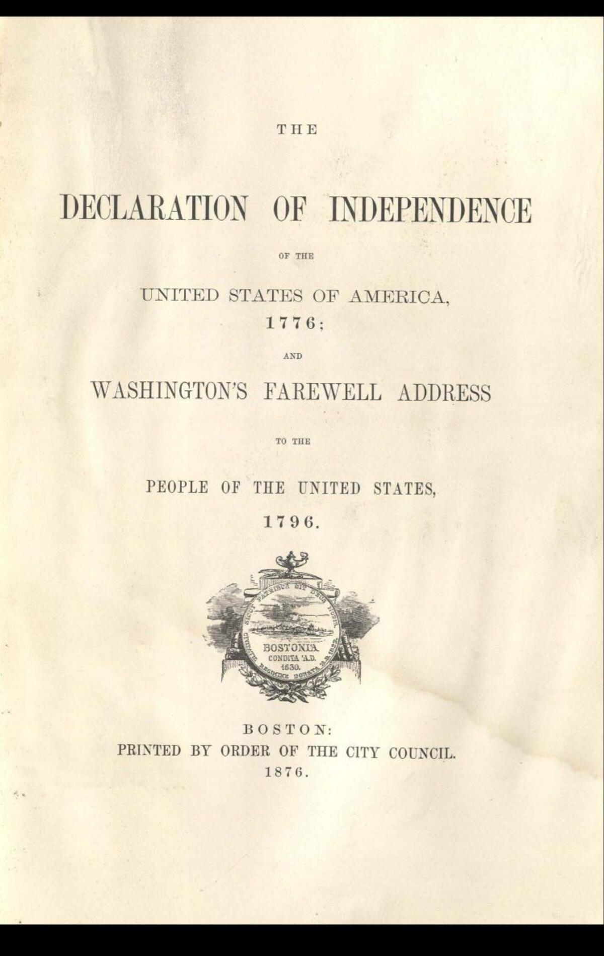 Title page of Declaration of Independence published in 1876. 