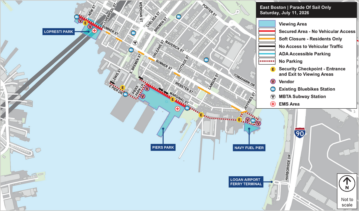 East Boston Map of Road Closures and Parking Restrictions for Sail Boston 2026