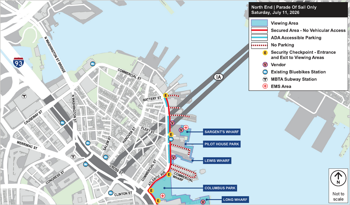 North End Map of road closures and parking restrictions Sail Boston 2026