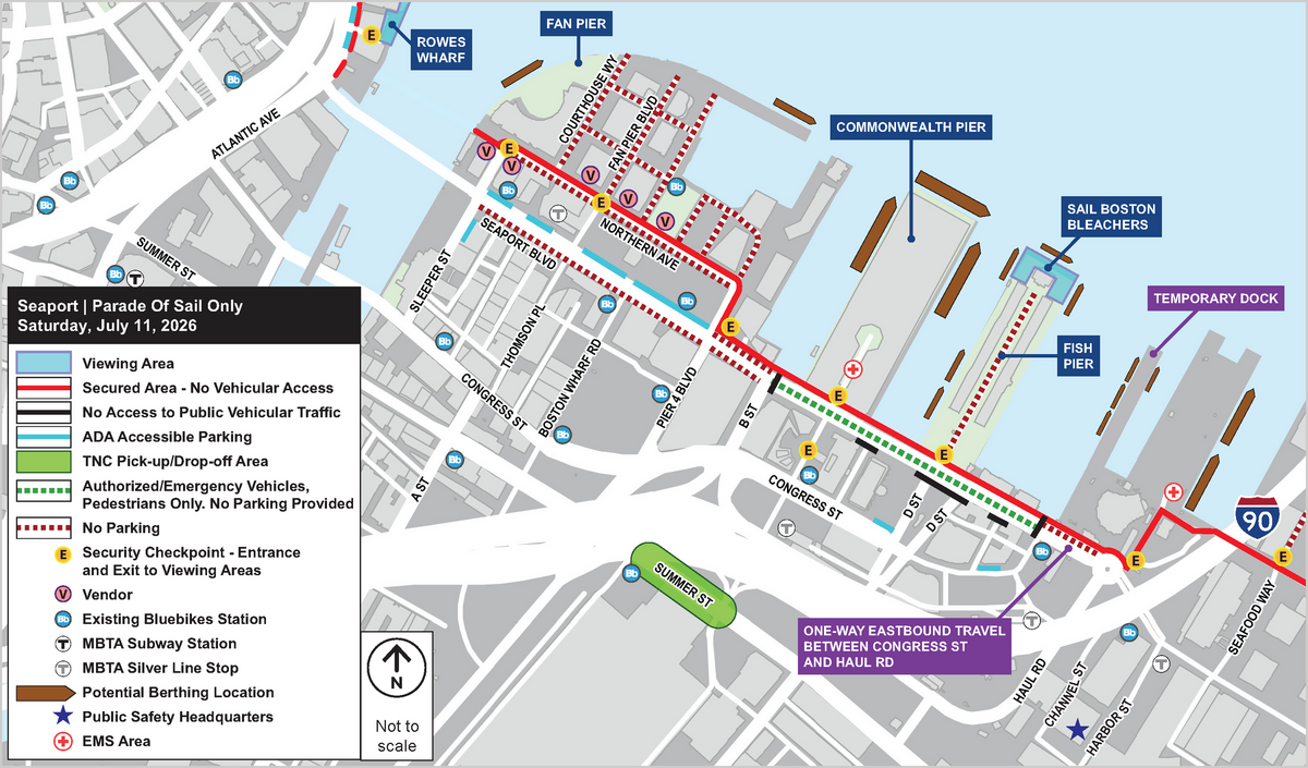 Seaport Map of road closures and parking restrictions for Sail Boston 2026