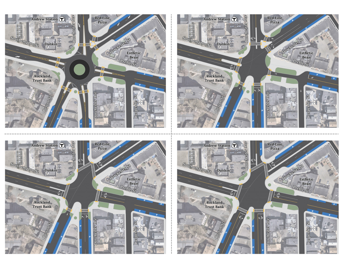 Four sketches of design alternatives for Andrew Square. Top left shows a roundabout. The top-right and bottom-left show concept options with different configurations of one-way streets. Bottom-right is similar to the existing intersection with additional curb extensions.