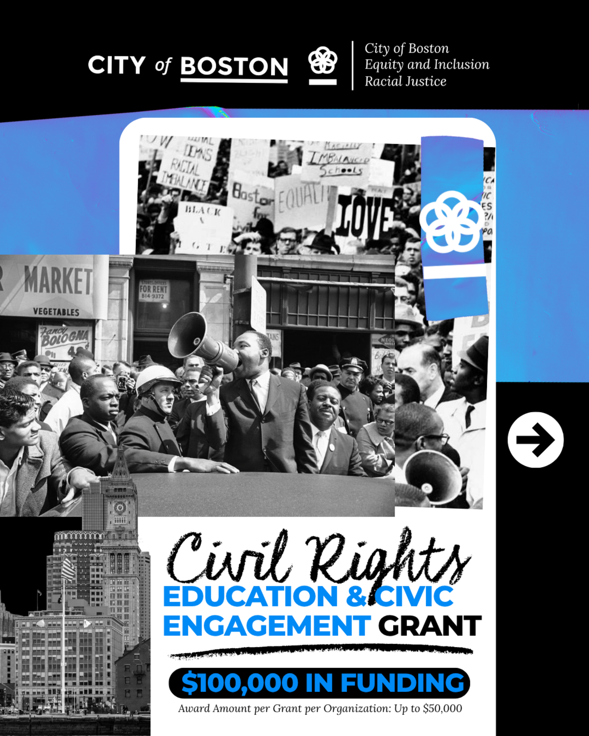 Various Images of Civil Rights leaders juxtaposed against a picture of City Hall