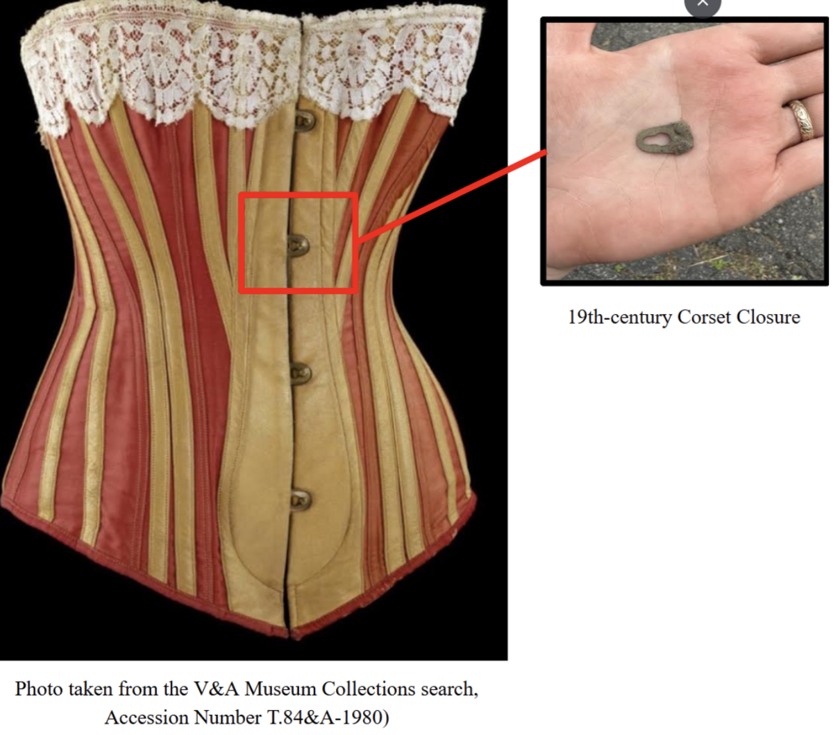 a 19th-century copper alloy corset closure for a front-closing women's corset.