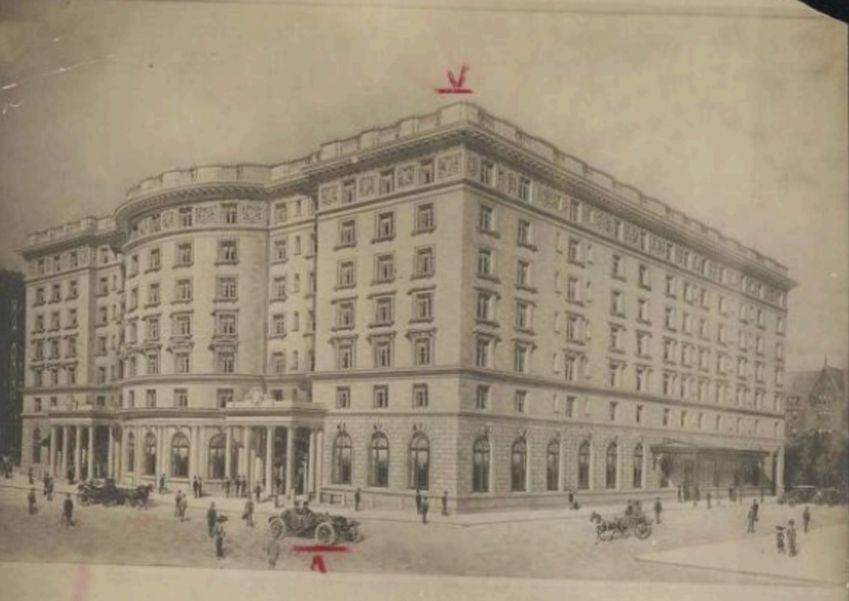 Architect Henry Janeway Hardenbergh’s annotated work drawing of the Copley Plaza Hotel, north façade and west elevations, looking southeast, 1911.