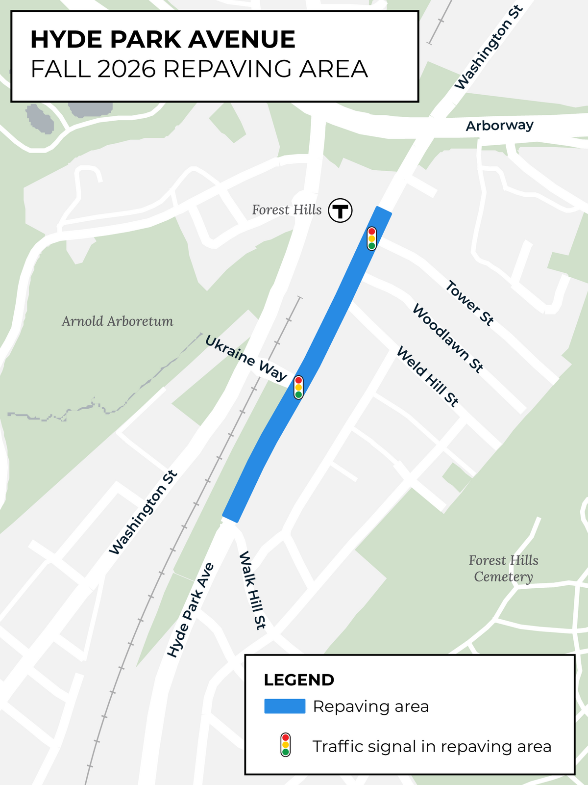 A map showing the extents of repaving on Hyde Park Avenue in Fall 2026. A blue line indicates the repaving extents between Walk Hill Street and about 200' north of Tower Street