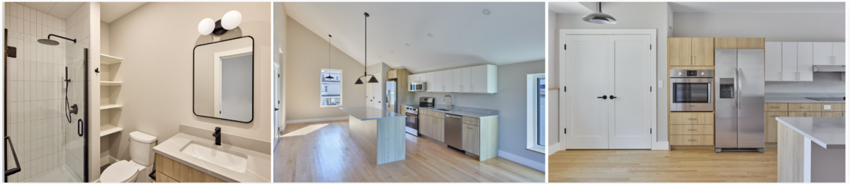 Bright and airy interior of 104 Norwell Street, unit 1. Modern bathroom with black features, a contemporary kitchen with stainless steel appliances.