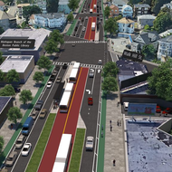 A rendering of the long-term vision showing Blue Hill Ave with protected bike lanes, center running bus lanes, and enhanced pedestrian safety