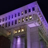 Photo of City Hall lit up in purple for Recovery Month