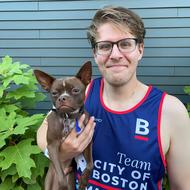 Peter holding Chicharrón, a Boston Animal Shelter alum who was adopted by Peter's neighbors last year.