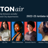 Images: Graphic highlighting new cohort of Artists-in-Residence with six artist's headshots and alternating blue and red backgrounds. Text: Boston AIR, A civic partnership between socially-engaged artists and City departments, 2022 Artists-in-Residence, Ashton Lites, Lily Xie, Ellice Patterson, Jaronzie Harris, Melissa Teng, Heloiza Barbosa 
