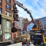 A log truck lifts one of new lucky new trees in Chinatown.