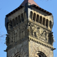 Exterior photograph of the First Baptist Church, church towers