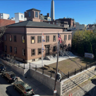 An aerial view of Memorial Hall in Charlestown