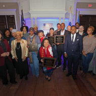 A photograph of City, State and Community leaders commemorating the 250th anniversary of Henry Knox