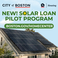 A home with solar panels under text that says "New solar loan pilot program! boston.gov/homecenter"